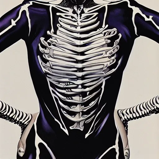 Prompt: portrait of a woman, wearing a skeleton catsuit, by alex ross.