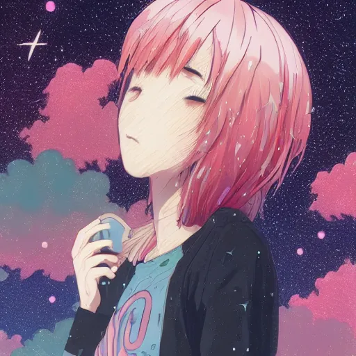 Image similar to a super detailed moe protagonist girl with pink hair in a field by inio asano, beeple and james jean, aya takano color style, 4 k, super detailed, night sky, digital art, digital painting, celestial, majestic, colorful