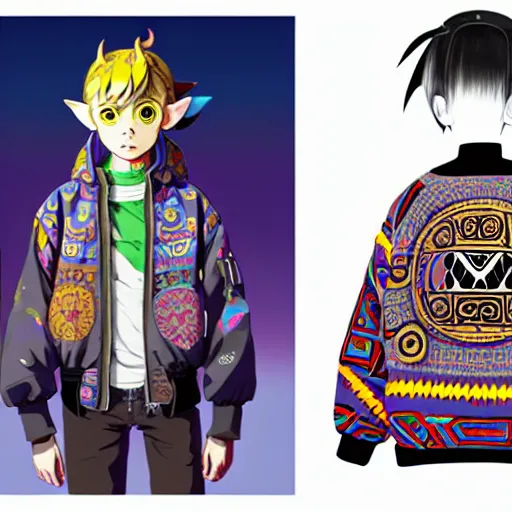 Image similar to majora majora's mask wearing oversized mayan bomber jacket with overalls, bulky poofy bomber jacket with mayan patterns, aztec street fashion, botw art style, gapmoe yandere grimdark, trending on pixiv fanbox, painted by greg rutkowski makoto shinkai takashi takeuchi studio ghibli, akihiko yoshida