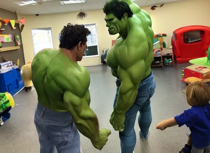 Image similar to the hulk working at a daycare