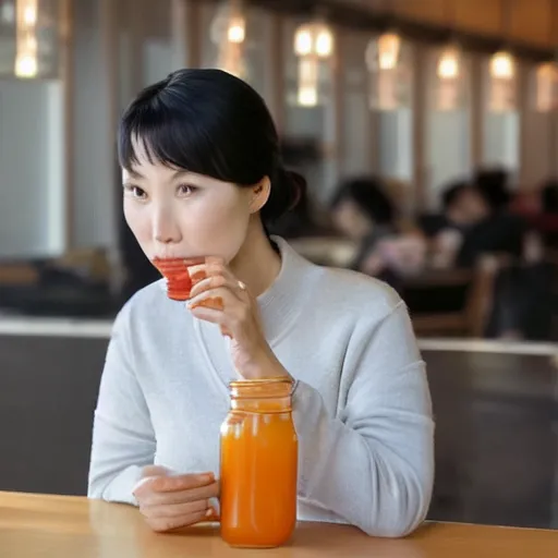 Prompt: chinese woman sitting at a table drinking juice out of a mason jar, award-winning, volumetric lighting, 8k, 4k, highly detailed, cinematic