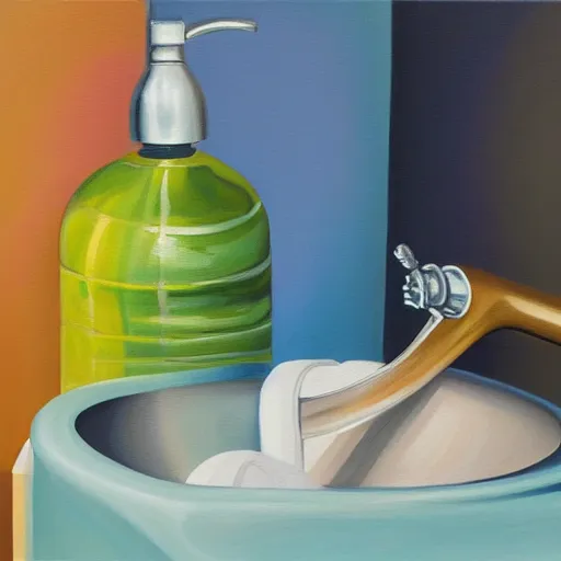 Image similar to a colorful painting of a faucet and soap dispenser, an airbrush painting by janet fish trending on artstation, ( ( ( hyper realism ) ) ), oil on canvas, detailed painting