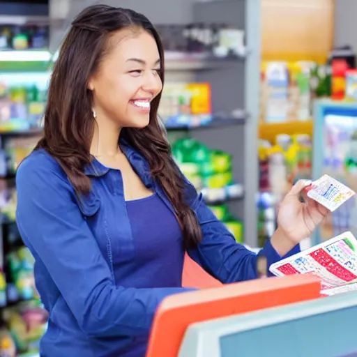 Image similar to a photostock image of a smiling photogenic cashier at a convenience store handing the customer the lottery ticket they purchased