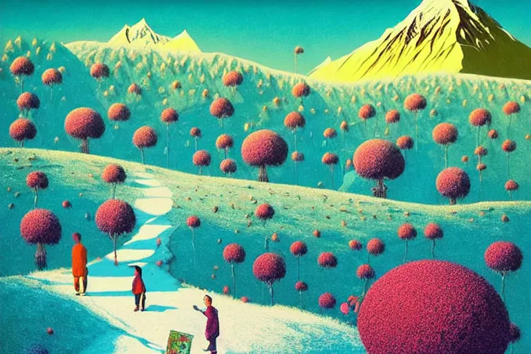 Image similar to surreal glimpse into other universe, himalaya with snow ice cream, summer morning, very coherent and colorful high contrast, art by!!!! gediminas pranckevicius!!!!, geof darrow, floralpunk screen printing woodblock, dark shadows, hard lighting, stipple brush technique,