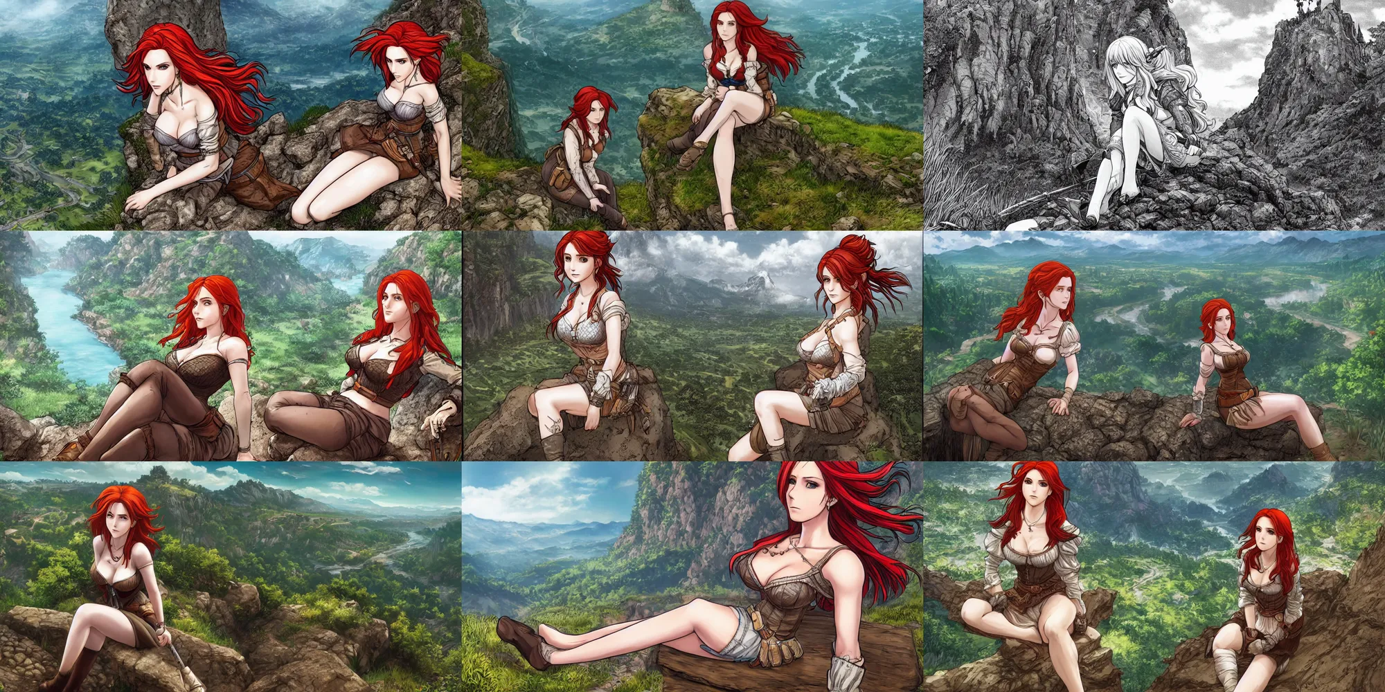 Prompt: alluring highly detailed manga line art wide-angle portrait of (1) Triss from the Witcher 3 sitting on the edge of a cliff overlooking a fantasy valley, very detailed, realistic