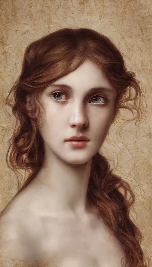 Image similar to An extremely beautiful pre-raphaelite ornate portrait of a young attractive woman with a beautiful bone structure, professionally painted digital art illustration, smooth, sharp focus, atmospheric lighting, highly detailed illustration highlights, golden ratio, extremely detailed winning award masterpiece, 8K post-processing