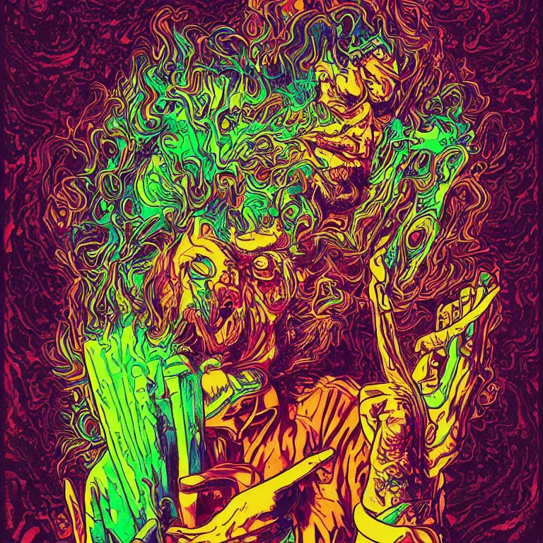 Prompt: beautiful colorful hyperrealist highly detailed psychedelic music poster'zombie seth rogen ', psychedelic art nouveau, beautiful high contrast colored wood engraving, moebius comic style, shocking detail trending on artstation 8 k