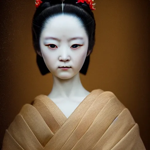 Image similar to portrait of a geisha porcelain doll kintsugi, fractal, intricate, elegant, highly detailed, digital photography, subsurface scattering, by jheronimus bosch and james jean and greg rutkowski,