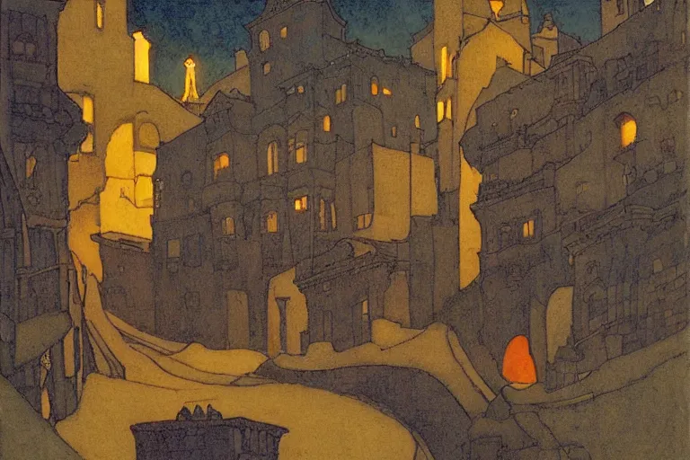 Prompt: winding street at twilight in a very old city by Edmund Dulac and Nicholas Roerich and jean delville, glowing paper lanterns, strong dramatic cinematic lighting , ornate tiled architecture, lost civilizations, smooth, sharp focus, extremely detailed