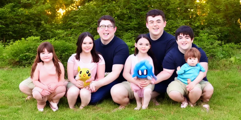 Image similar to real life pokemon family photo, cute!!!, chuncky!!!, adorable!!!, fluffy!!!, ultra realistic!!!, golden hour, sharp focus