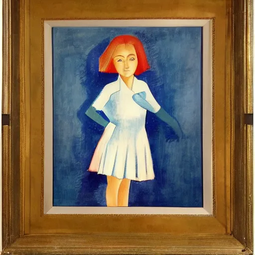 Image similar to by andre lhote atmospheric. mixed media art. a young girl stands in the center of the frame, looking off to the side. she wears a school uniform with a short skirt & a striped shirt. the background is a vivid, with wavy lines running through it.