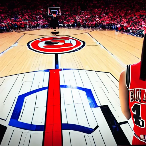 Image similar to woman on a basketball court in a chicago bulls jersey