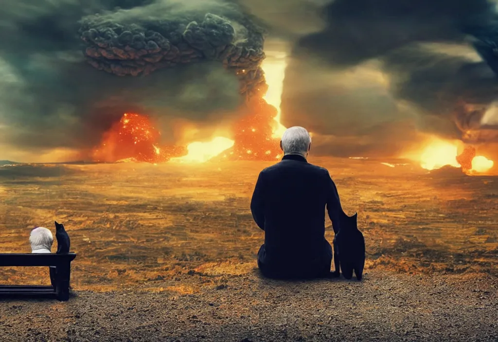 Prompt: old man sitting with black cat watching nuke explosion close up shot from behind, cinematic movie close up shot from behind, background blur bokeh, world ending nuke, 4 k