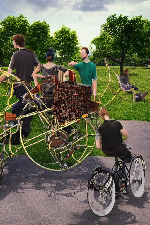 Prompt: potrait of band playing in the park with christiania cargobike. Summer. High definition, Cinematography, mega scans, cinematic, hyper realistic, photo realistic, cinematic composition, highly detailed, vray, 8k render