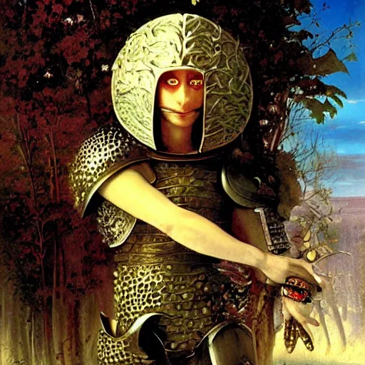 Image similar to portrait of a mushroom knight, by howard david johnson and gerald brom