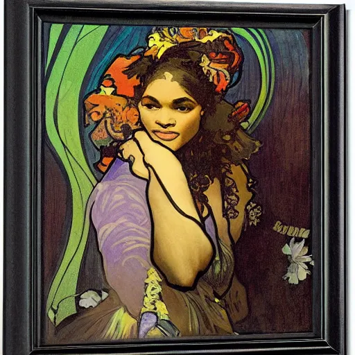 Prompt: Portrait of Serena Williams by Alfons Mucha