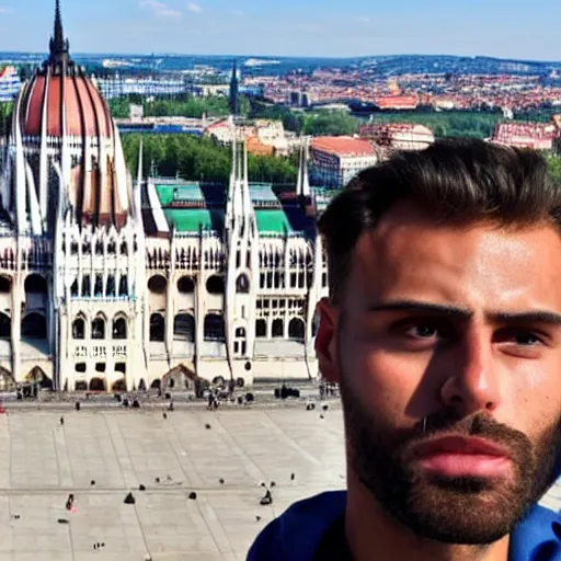 Prompt: Gigachad taking a selfie with the hungarian Parliament, 4k, selfie,