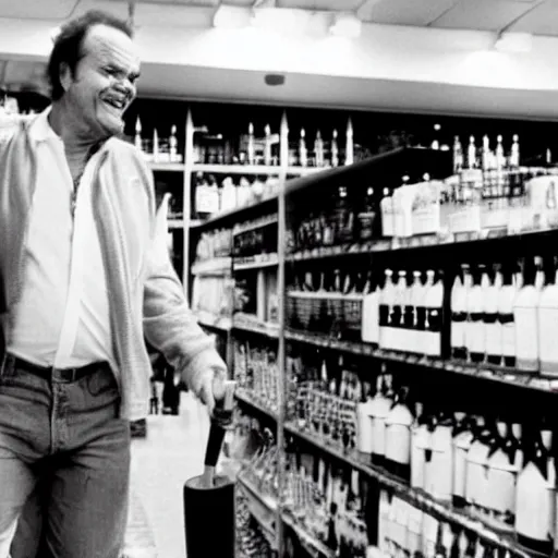 Image similar to jack nicholson walking in liquor store with baseball bat, security camera footage, cctv, high angle view,