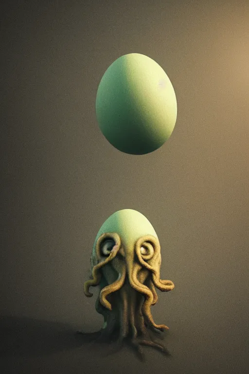 Image similar to photoreal render of cthulhu egg, presented nicely, rendered in octane, realistic, film grain, 3 5 mm, 1 6 0 0 iso, sony a 7 riv, 8 k, unreal engine, wind, mythical, surrounded by mist, surreal