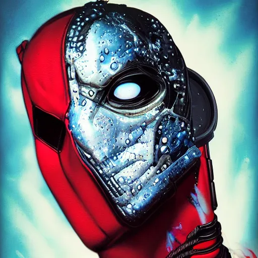 Image similar to portrait of Deadpool, cameras, melting ,8k,by tristan eaton,Stanley Artgermm,Tom Bagshaw,Greg Rutkowski,Carne Griffiths, Ayami Kojima, Beksinski, Giger,trending on DeviantArt,face enhance,hyper detailed,minimalist,cybernetic, android, blade runner,full of colour W 1024