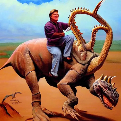Prompt: coach steve spurrier riding a dinosaur intricate, hyper detailed, realistic, oil painting, by julie bell, frank frazetta, cinematic lighting