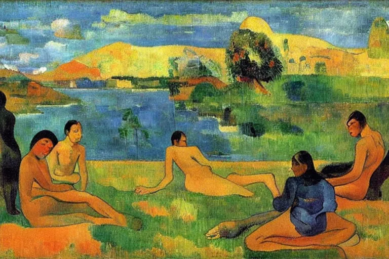 Image similar to there is another world very close to ours that we don't perceive directly, but they do interact sometimes. painting by paul gauguin ( 1 9 0 0 )