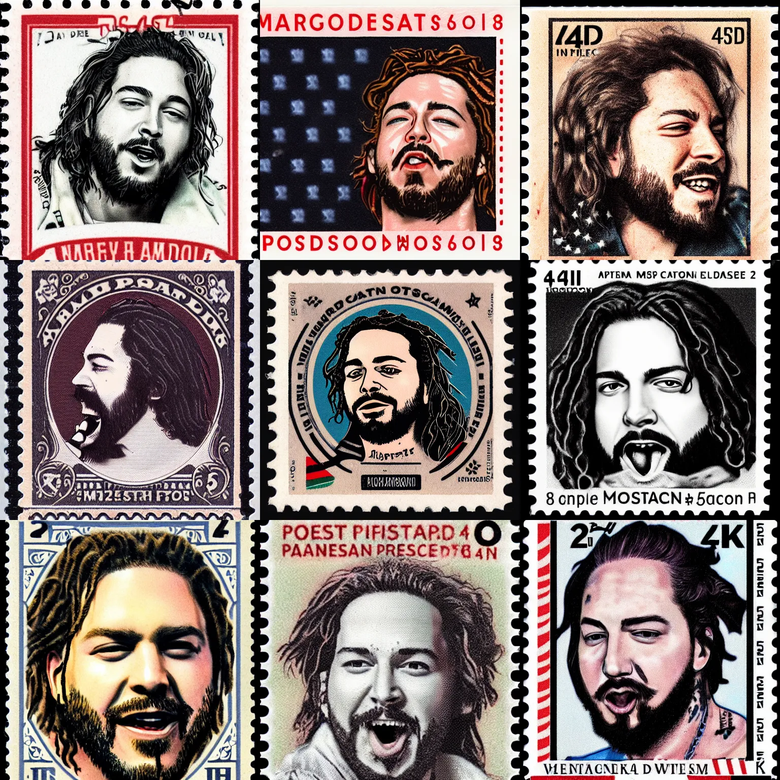 Prompt: a closeup photorealistic illustration of post malone licking the back of a vintage american postage stamp with his face visible on it. fine detail. this 4 k hd image is trending on artstation, featured on behance, well - rendered, extra crisp, features intricate detail, epic composition and the style of unreal engine.