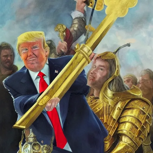 Prompt: donald trump, wearing knights armor, holding a big golden broadsword, by hans holdein, donald trumps handsome face