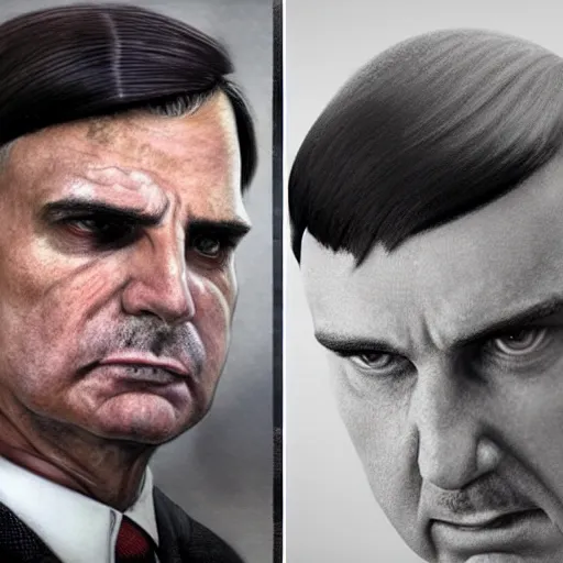 Image similar to hyperrealistic mixed media image of Jair bolsonaro and Adolph Hitler, stunning 3d render inspired art by István Sándorfi and Greg Rutkowski, perfect facial symmetry, realistic, highly detailed attributes and atmosphere, dim volumetric cinematic lighting, 8k octane extremely hyper-detailed render, post-processing, masterpiece,