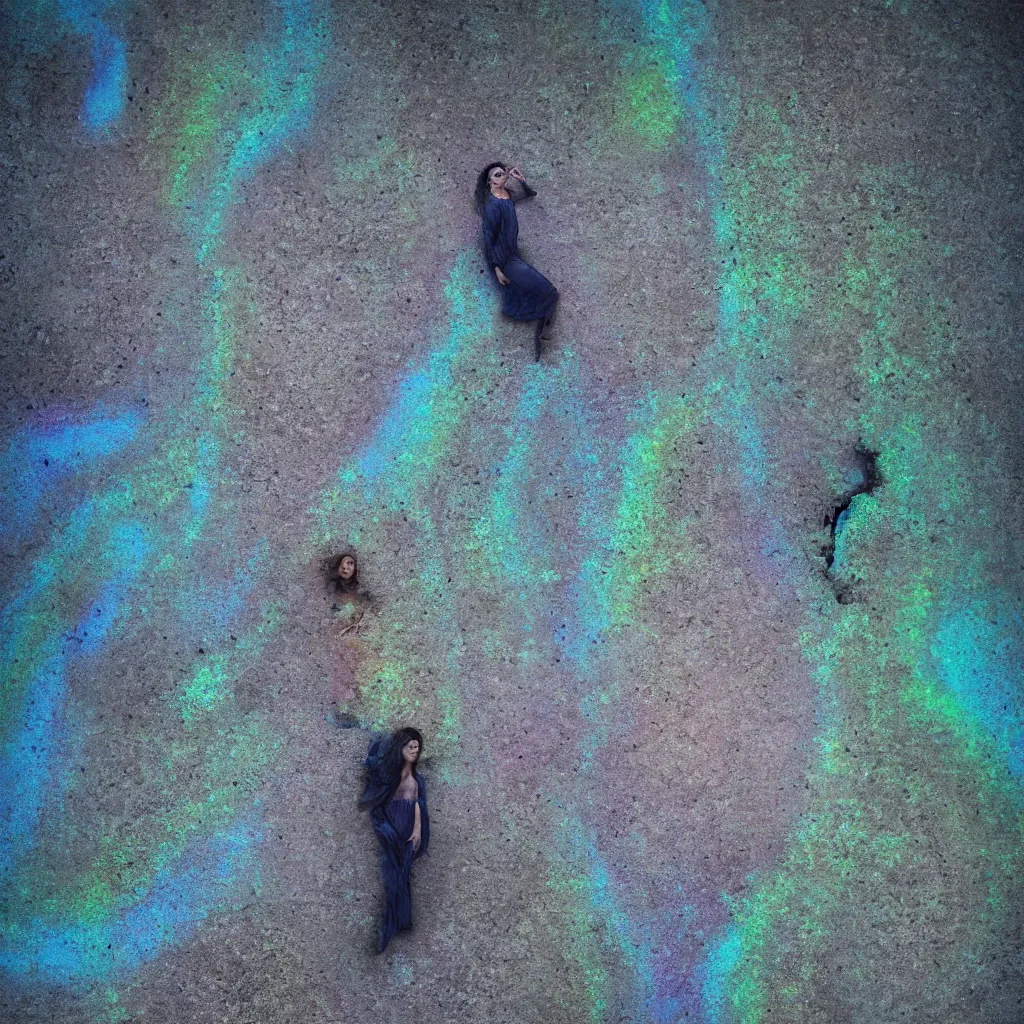 Prompt: overhead view of iridiscent oil slick and eroded stones with a woman's connected by a transparent pipe to a baby buried, faded, gradient, depth of field, ultra realistic, very detailed, glitch, by nadav kander, 8 k hyper realistic detailed cinematic