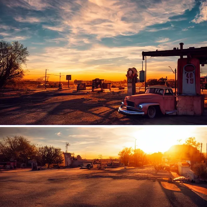 Image similar to a sunset light landscape with historical route 6 6, lots of sparkling details and sun ray ’ s, blinding backlight, smoke, volumetric lighting, colorful, octane, 3 5 mm, abandoned gas station, old rusty pickup - truck, beautiful epic colored reflections, very colorful heavenly, softlight