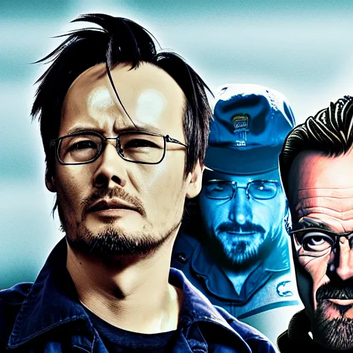 Prompt: Hideo Kojima and Christopher Nolan as Jesse Pinkman and Walter White matte paint portrait