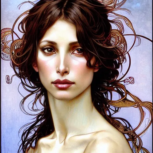 Prompt: realistic detailed face portrait of Christy Turlington by Alphonse Mucha, Ayami Kojima, Amano, Charlie Bowater, Karol Bak, Greg Hildebrandt, Jean Delville, and Mark Brooks, Art Nouveau, Neo-Gothic, gothic, rich deep moody colors