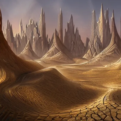 Image similar to detailed and highly intricate art of standstone walls protecting a large desert kingdom with many buildings and towers, 8 k concept fantasy art illustration