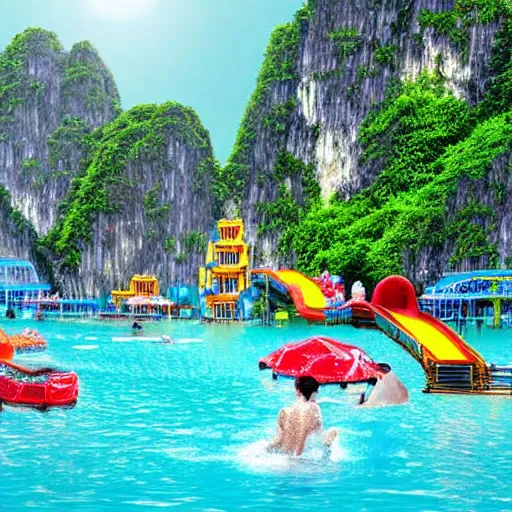 Image similar to halong bay vietnam waterpark with waterslides, digital art, cinematic lighting, epic composition, highly detailed