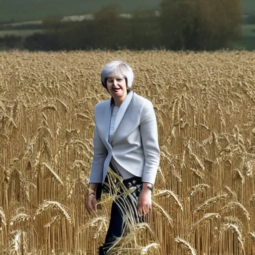 Prompt: theresa may walking in a field of wheat
