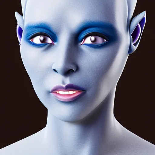 Prompt: a female humanoid alien with blue skin and large black eyes with a short side cut