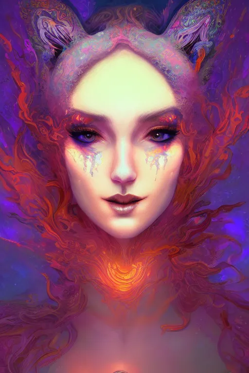 Prompt: lsd, acid trip, intricate fractals, a detailed portrait of a beautiful woman with ( fox ) features, in professional makeup, dramatic lighting, by lois van baarle, ross tran, greg rutkowski, 4 k, trending on artstation