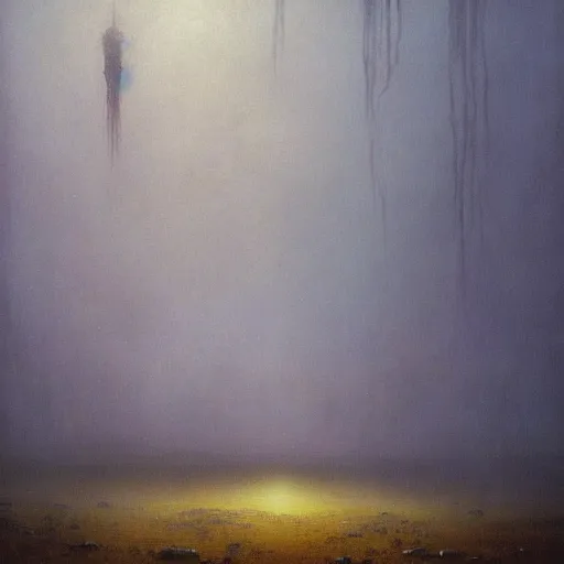 Image similar to a fantasy landscape paintet by beksinski. oil painting. lovecraft. moody. godrays. volumetric light. trending on artstation.