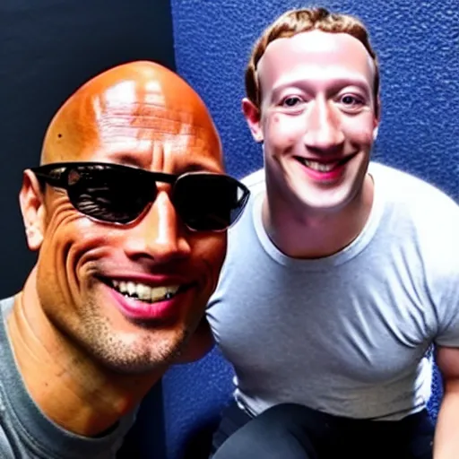 Image similar to selfie taken by Dwayne Johnson with Mark Zuckerberg, wide angle