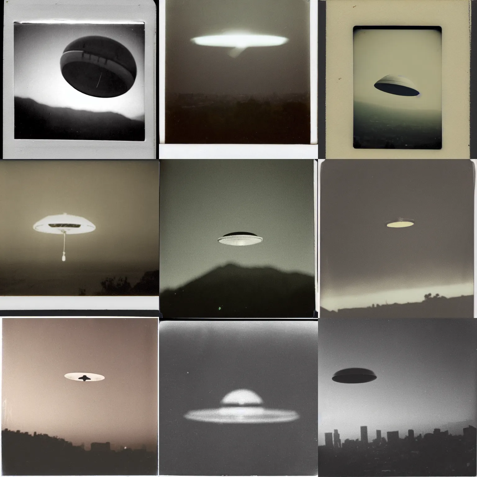 Prompt: an aged polaroid photo of a ufo flying above los angeles, gloomy, grainy