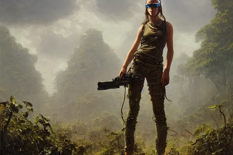 Image similar to artstation concept of a beautiful adventurous girl wearing goggles holding a machine pistol, sweaty skin, symmetrical face, high body detail, ripped up field fatigues, jungle background with ruins, vines, hyperdetailed, artstation trending, world renowned artists, worth1000.com, cgsociety, by greg rutkowski, by Gustave Doré, by Marco Turini, by Artgerm, Deviantart in the style of Tom Bagshaw, Cedric Peyravernay, Peter Mohrbacher