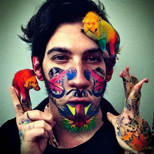 Image similar to a picture of an attractive man with colorful animal tattoos on his face