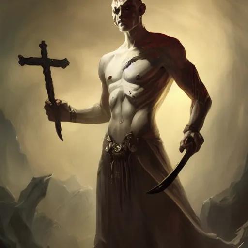 Image similar to wide shot, fantasy painting of a pale man with a black blade covered in runes, painted by Bayard Wu, ultra detailed, 8k, perfect