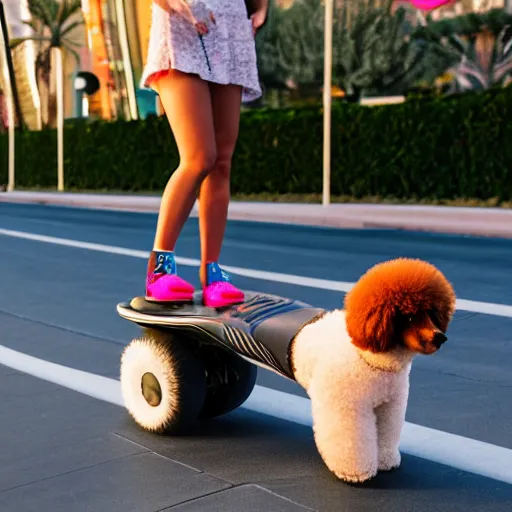 Image similar to fluffy poodle traveling on a hoverboard in las vegas, [ 4 k photorealism ]!!, trending on unsplash