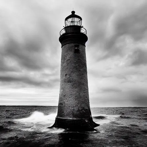 Prompt: an old lighthouse, the tentacles of a gigantic octopus emerging from the stormy sea, very long shot, old black and white photography, photorealistic, highly detailed