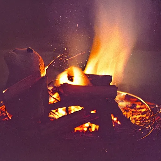 Image similar to beaver being spit roasted over a campfire at night, photograph