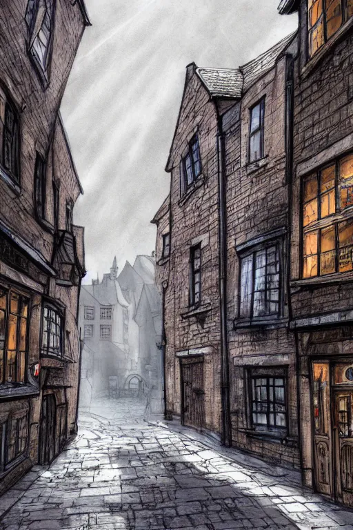 Image similar to a beautiful urban sketch of the shambles and little shambles york, 8 k, frostbite 3 engine, cryengine, dof, trending on artstation, digital art, crepuscular ray, art by ian fennelly