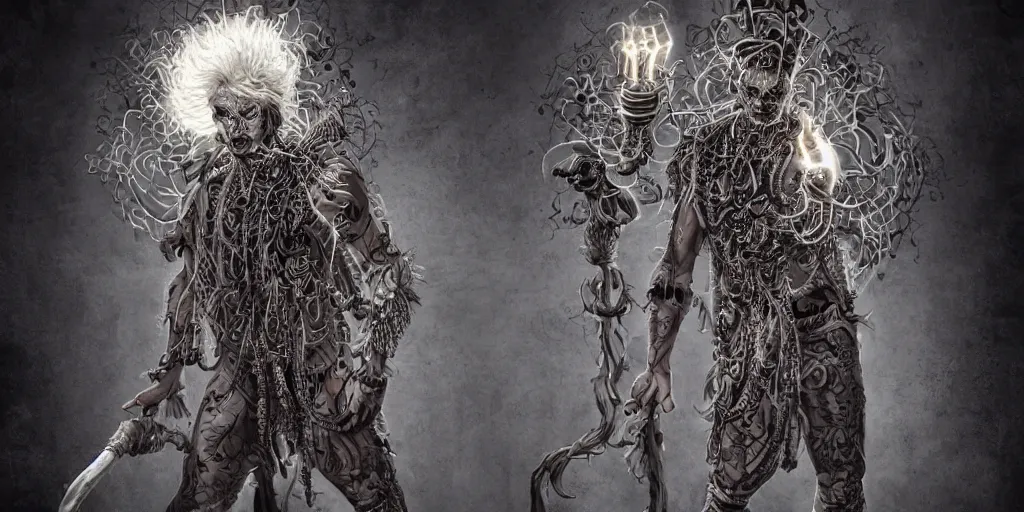 Image similar to full body and head , spiked black hair character design of realistic asian Sumerian Death Goddess ivory skin runic icons + mystical symbols, with small bleached bones covering vest and flowing electricity and smoke , fantasy, intricate, elegant, highly detailed, artstation, ,photoreal, ghostbusters , peter mordenbacher,Mike Winkelmann, ultra realistic, intricate, epic lighting, 8k resolution, unreal engine 5, ultraviolet colors