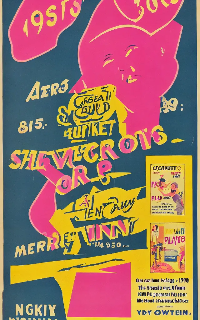 Prompt: advertising of a 1 9 5 0 s supermarket, poster, pink and yellow palette, playbill